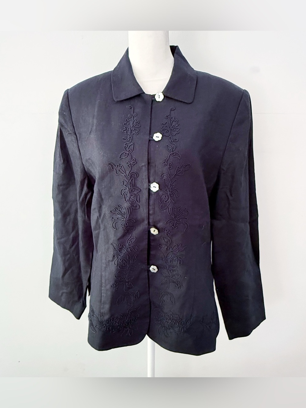 Vintage Women 100% Linen Embroidered Blazer Black Size 8 Office Modest Neutral